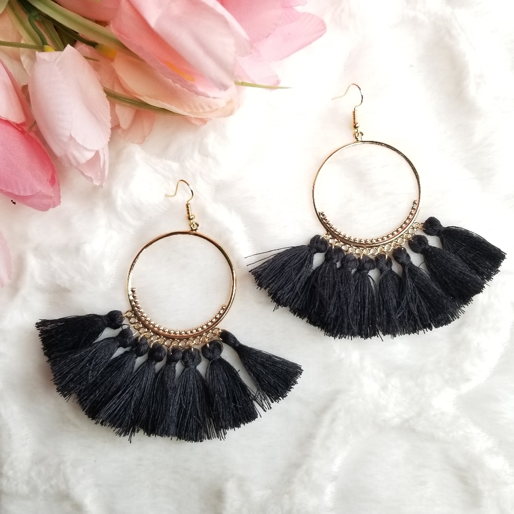 Boho Tassel Statement Earrings Black Festival